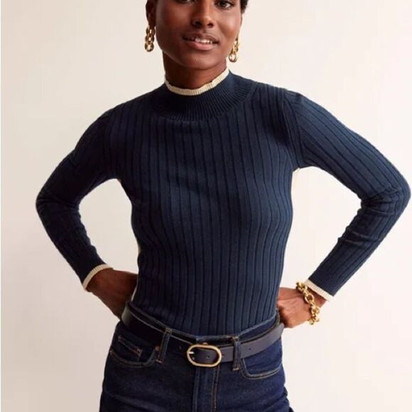 Boden | Isodora Ribbed Long Sleeve Sweater in Navy Gold Shimmer | S - Picture 2 of 7